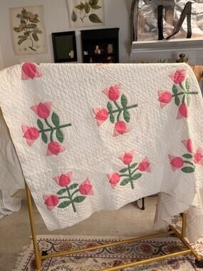Vintage Handmade  Hand Sewn Quilt Pink Floral Applique Cottagecore Romantic